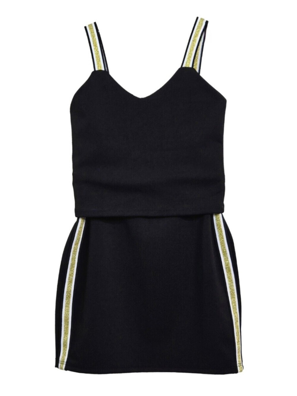 Cheryl Creations Kids Black W/ Gold Stripe 2 PC Mini Skirt & Tank, Size M ~ EUC